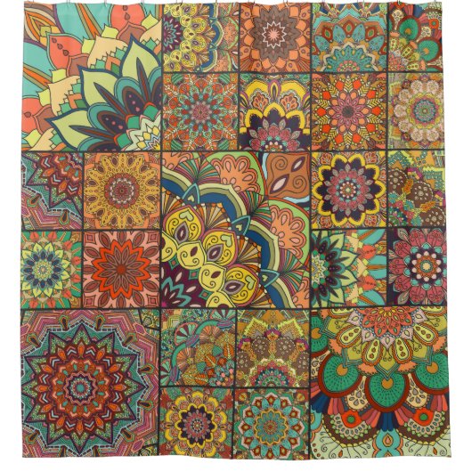 Boho-Fliesen: farbenfrohes Patchwork-Nahtlosmuster Duschvorhang (Vorderseite)