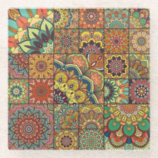 Boho Fliesen: farbiges Patchwork nahtlos Muster Glasuntersetzer (Vorderseite)