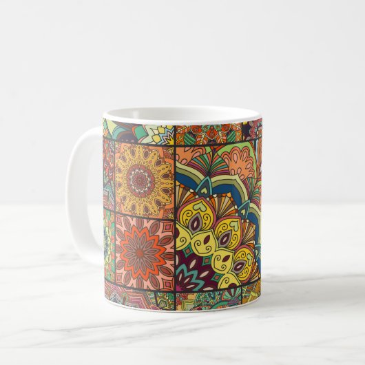 Boho Fliesen: farbiges Patchwork nahtlos Muster Kaffeetasse (Vorderseite Links)