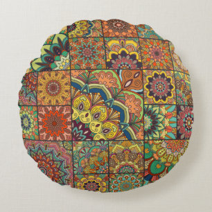 Boho Fliesen: farbiges Patchwork nahtlos Muster Rundes Kissen