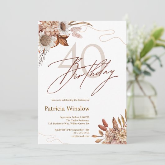 Boho Floral 40. Geburtstag Einladung (Stehend Vorderseite)