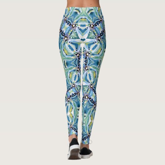 Boho Floral Abstrakt Pattern Artistic Blue Gren Leggings (Rückseite)
