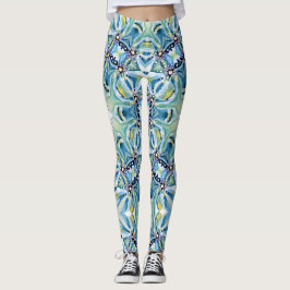 Boho Floral Abstrakt Pattern Artistic Blue Gren Leggings