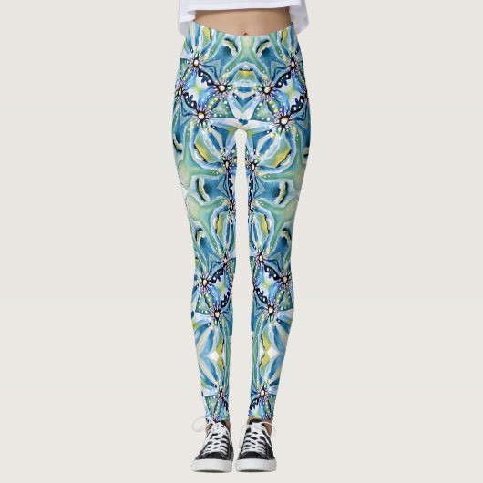 Boho Floral Abstrakt Pattern Artistic Blue Gren Leggings (Vorderseite)