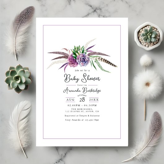 Boho Floral and Feather Baby Shower Einladung