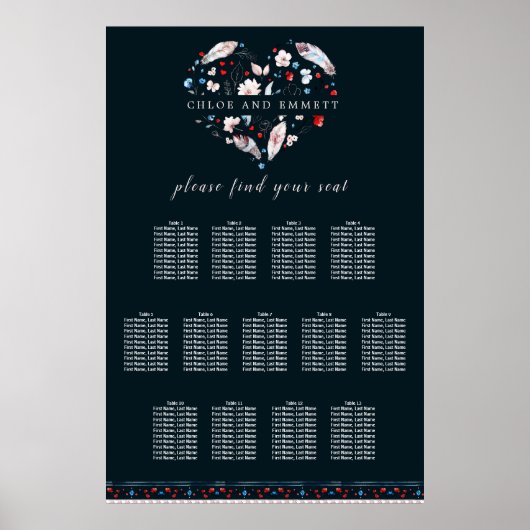 Boho Floral and Feathers 13-Tisch Seating Chart Poster (Vorne)