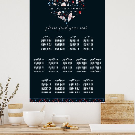 Boho Floral and Feathers 13-Tisch Seating Chart Poster (Küche)