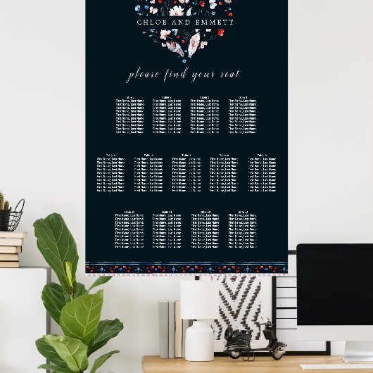 Boho Floral and Feathers 13-Tisch Seating Chart Poster (Heimbüro)