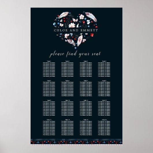 Boho Floral and Feathers 16-Table Seating Chart Poster (Vorne)