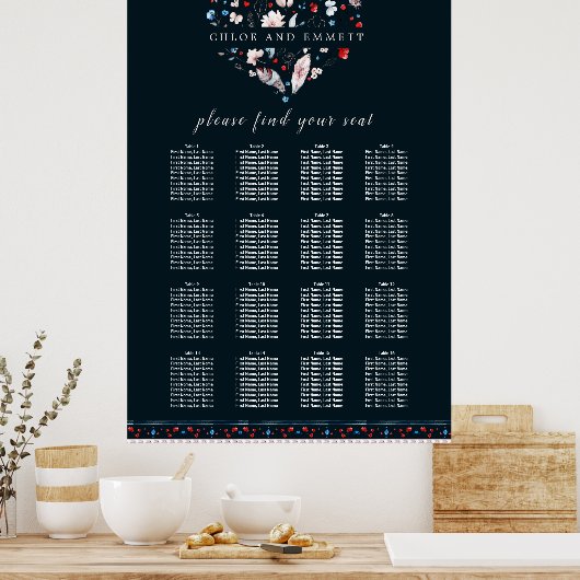 Boho Floral and Feathers 16-Table Seating Chart Poster (Küche)