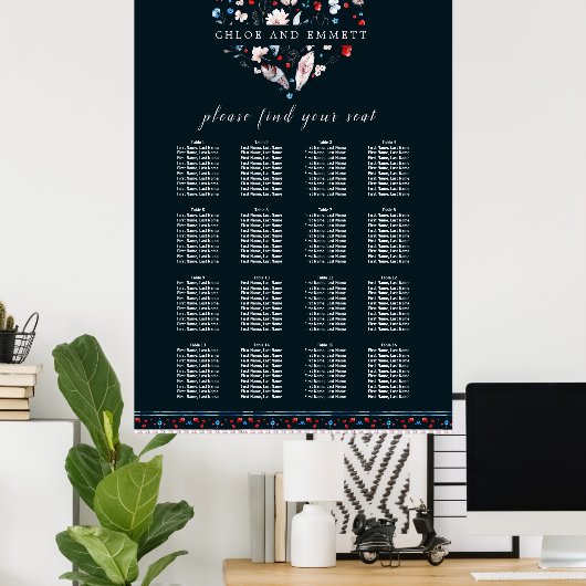 Boho Floral and Feathers 16-Table Seating Chart Poster (Heimbüro)