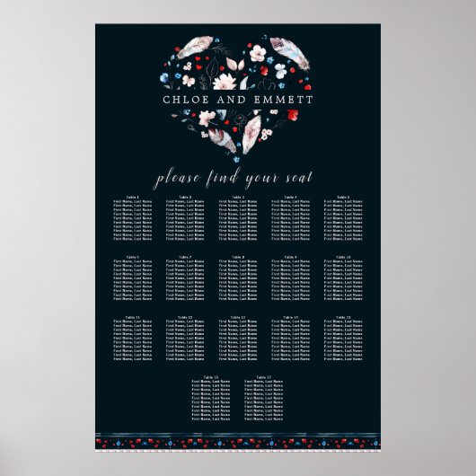 Boho Floral and Feathers 17-Tisch Seating Chart Poster (Vorne)