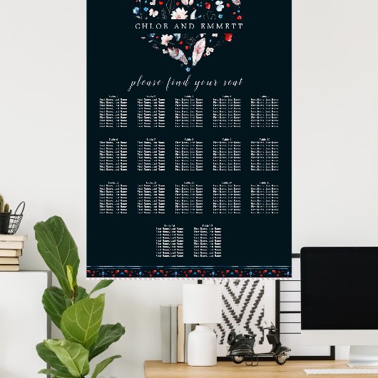 Boho Floral and Feathers 17-Tisch Seating Chart Poster (Heimbüro)