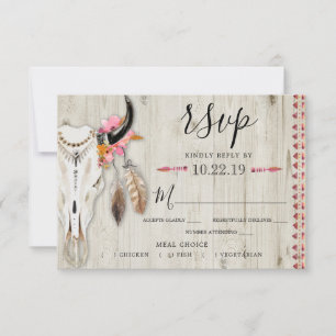 Boho Floral Antler Meal Choice Rustic Wood Wedding RSVP Karte