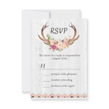 Boho Floral Antler Rustic White Wood Wedding RSVP