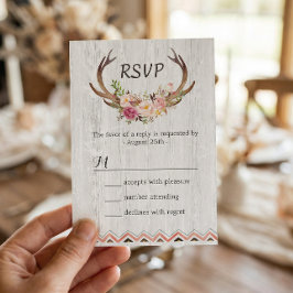Boho Floral Antler Rustic White Wood Wedding RSVP