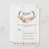 Boho Floral Antler Rustic White Wood Wedding RSVP Karte (Vorderseite)