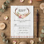 Boho Floral Antler Rustic White Wood Wedding RSVP Karte