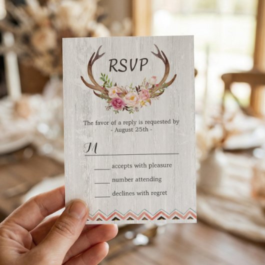 Boho Floral Antler Rustic White Wood Wedding RSVP Karte