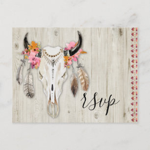 Boho Floral Antler Skull Rustic Wood UAWG Wedding Postkarte