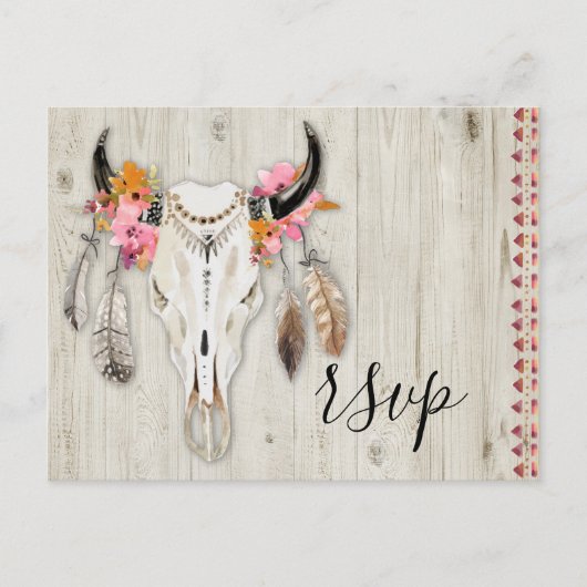 Boho Floral Antler Skull Rustic Wood UAWG Wedding Postkarte (Vorderseite)