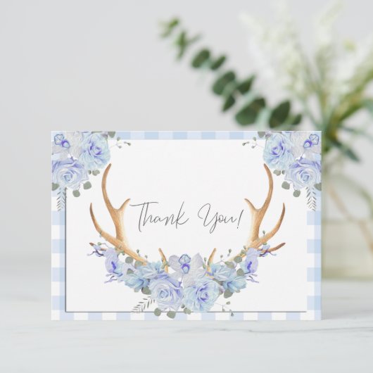 BOHO Floral Antlers Blue Gingham Dankeskarte (Stehend Vorderseite)