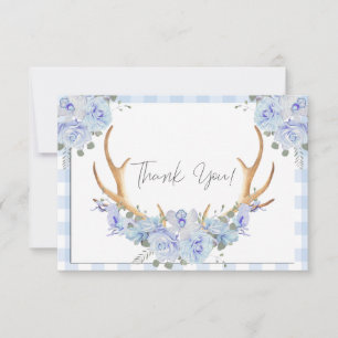 BOHO Floral Antlers Blue Gingham Dankeskarte