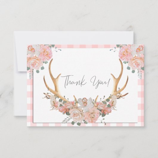 BOHO Floral Antlers Coral Gingham Dankeskarte (Vorderseite)
