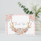 BOHO Floral Antlers Coral Gingham Dankeskarte (Stehend Vorderseite)