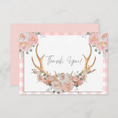 BOHO Floral Antlers Coral Gingham Dankeskarte (Vorne/Hinten)