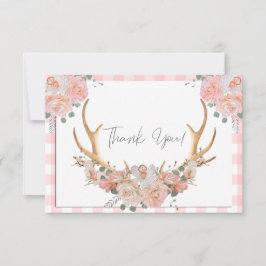 BOHO Floral Antlers Coral Gingham Dankeskarte