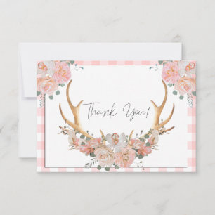 BOHO Floral Antlers Coral Gingham Dankeskarte