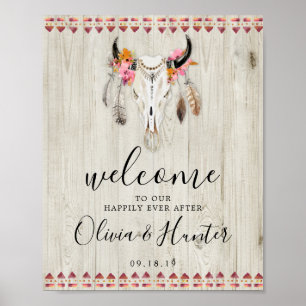 Boho Floral Antlers Kuh Skull Begrüßung Poster