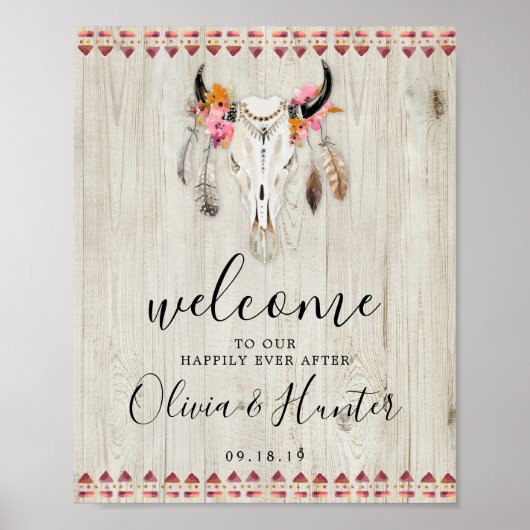 Boho Floral Antlers Kuh Skull Begrüßung Poster (Vorne)