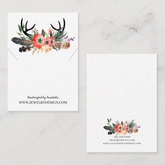 Boho Floral Antlers Necklace Pendant Display Card Visitenkarte (Vorne/Hinten)