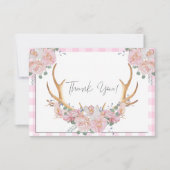 BOHO Floral Antlers Pink Gingham Dankeskarte (Vorderseite)