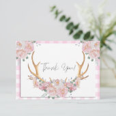 BOHO Floral Antlers Pink Gingham Dankeskarte (Stehend Vorderseite)