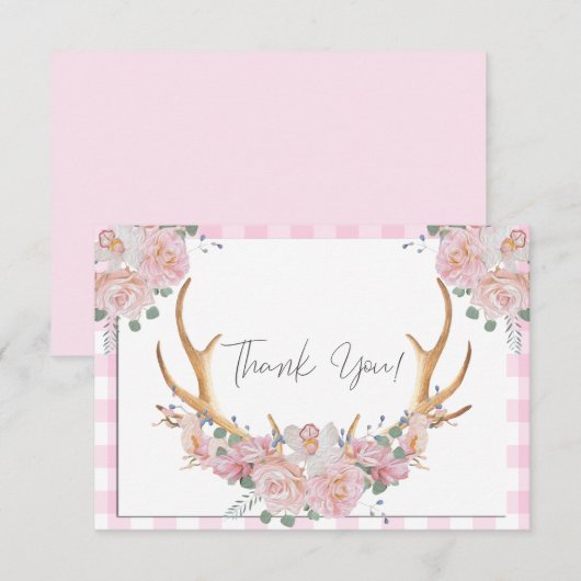 BOHO Floral Antlers Pink Gingham Dankeskarte (Vorne/Hinten)