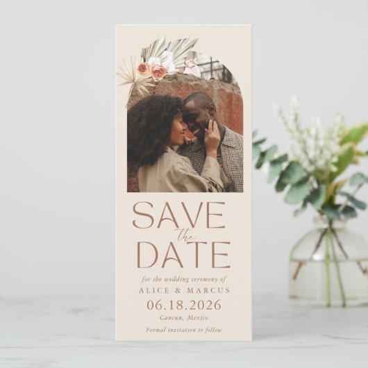 Boho Floral Arch Foto Hochzeit speichern das Datum Save The Date (Stehend Vorderseite)