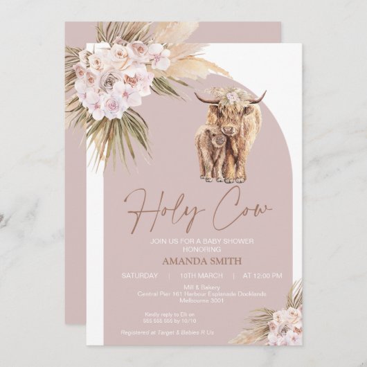 Boho Floral Arch Holy Cow Baby Dusche Einladung (Vorne/Hinten)