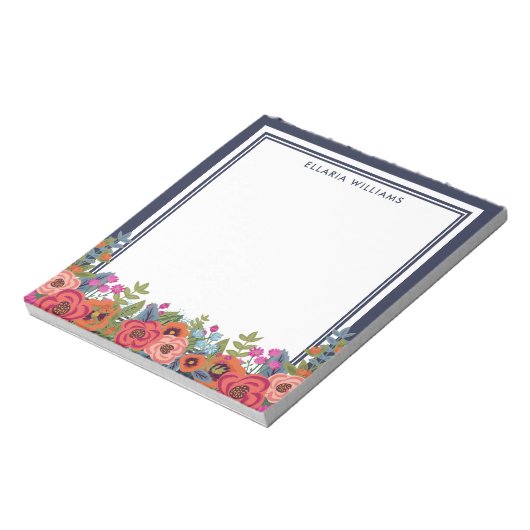 Boho Floral Arrangement - Navy Blue & White - Name Notizblock (Rotiert)