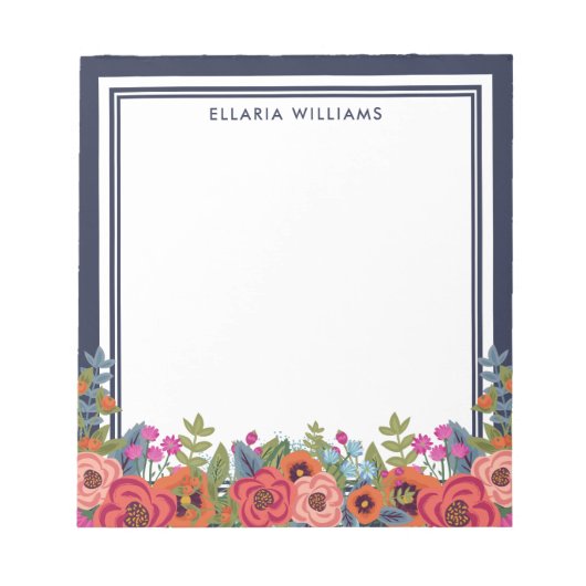 Boho Floral Arrangement - Navy Blue & White - Name Notizblock (Vorderseite)