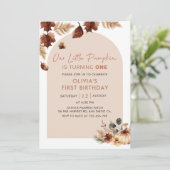 Boho Floral Autumn Pumpkin 1. Geburtstag Einladung (Stehend Vorderseite)