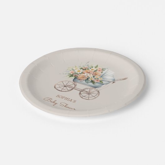 Boho Floral Baby Carriage Baby Shooter Pappteller (Schrägansicht)