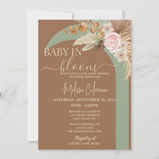 Boho Floral Baby in Bloom Baby Dusche Einladung (Vorderseite)