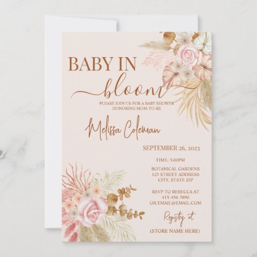 Boho Floral Baby in Bloom Baby Dusche Einladung (Vorderseite)