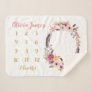 Boho Floral Baby Milestone Monthly Sherpa Blanket Sherpadecke