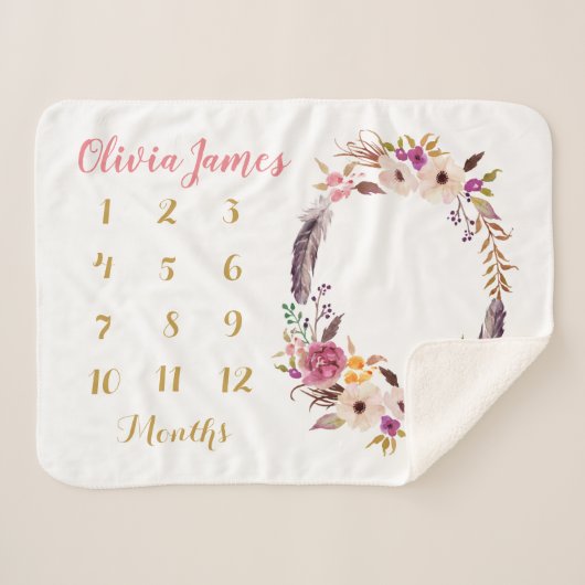Boho Floral Baby Milestone Monthly Sherpa Blanket Sherpadecke (Vorderseite (Horizontal))