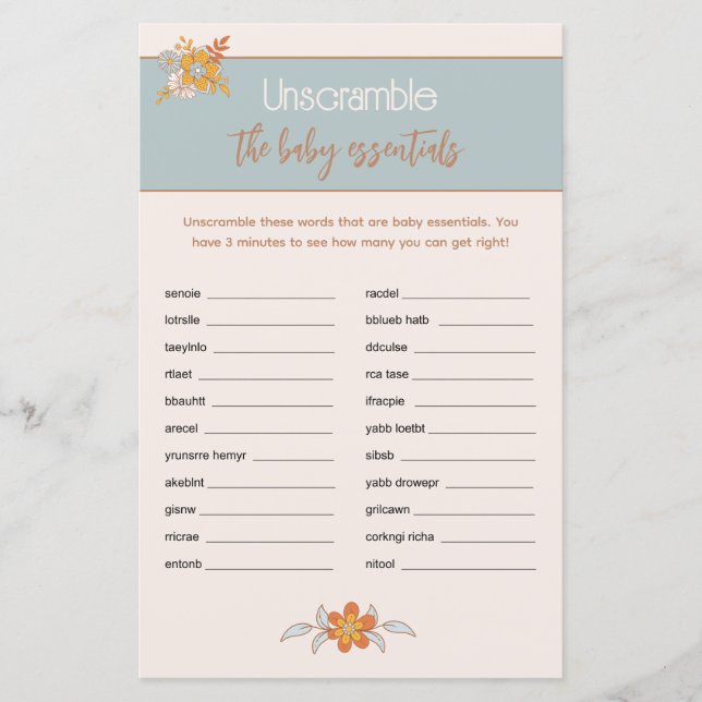 Boho Floral Baby Shooter Word Scramble Game (Vorderseite)