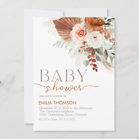 Boho Floral Baby Shower Einladung (Vorderseite)